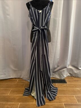 Navy and White Striped Jumpsuit w/ Waist Tie & Deep Slits up Front of Both Legs